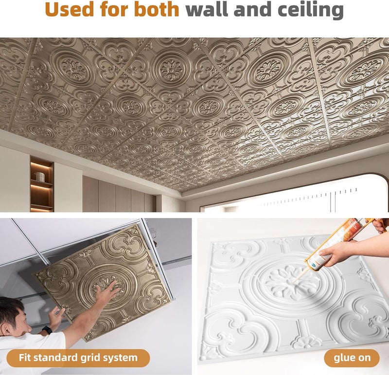 WOWSTAR 12-Pack 24"x24" Drop Ceiling Tiles, Waterproof Glue up Ceiling Panels, Antique Gold - Image 4